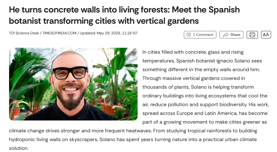 Captura del reportaje publicado por The Times of India sobre Ignacio Solano y Paisajismo Urbano.